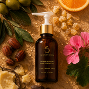 A bottle of THE GOLDEN SECRETS Womb Wisdom Skin-Toning Oil rests on sandy ground, encircled by olives, orange slices, a pink flower, shea butter, nuts, and resin—powerful ingredients known for enhancing skin elasticity and minimizing scars—with fresh green leaves adding a natural touch.